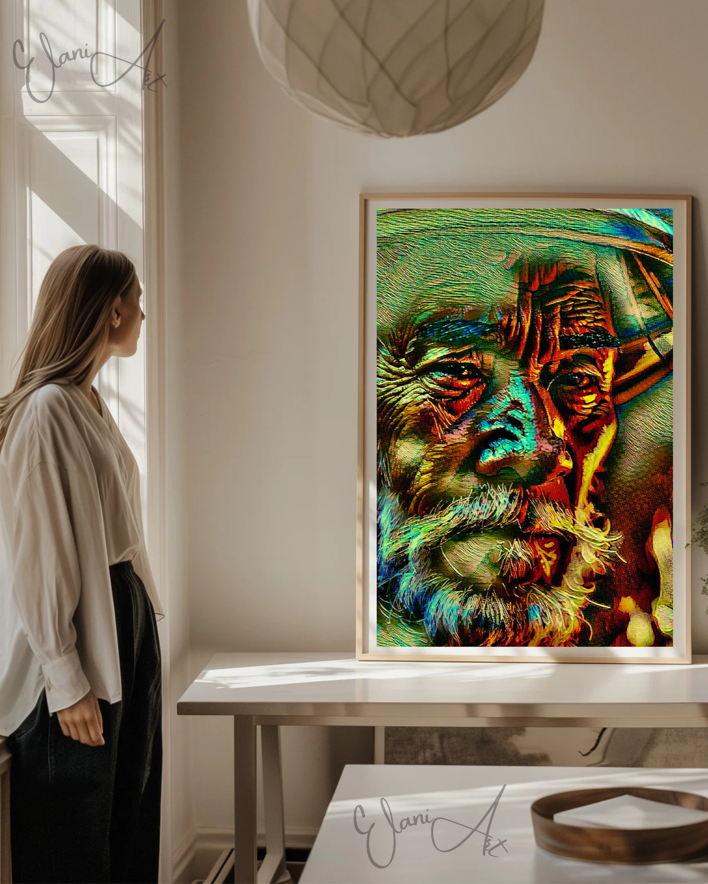 THE WONDERER - An Original Vibrant Elderly Man Portrait Beard Mustache Wrinkles Expressive Impressionistic Wall Artwork Print by ElaniArt