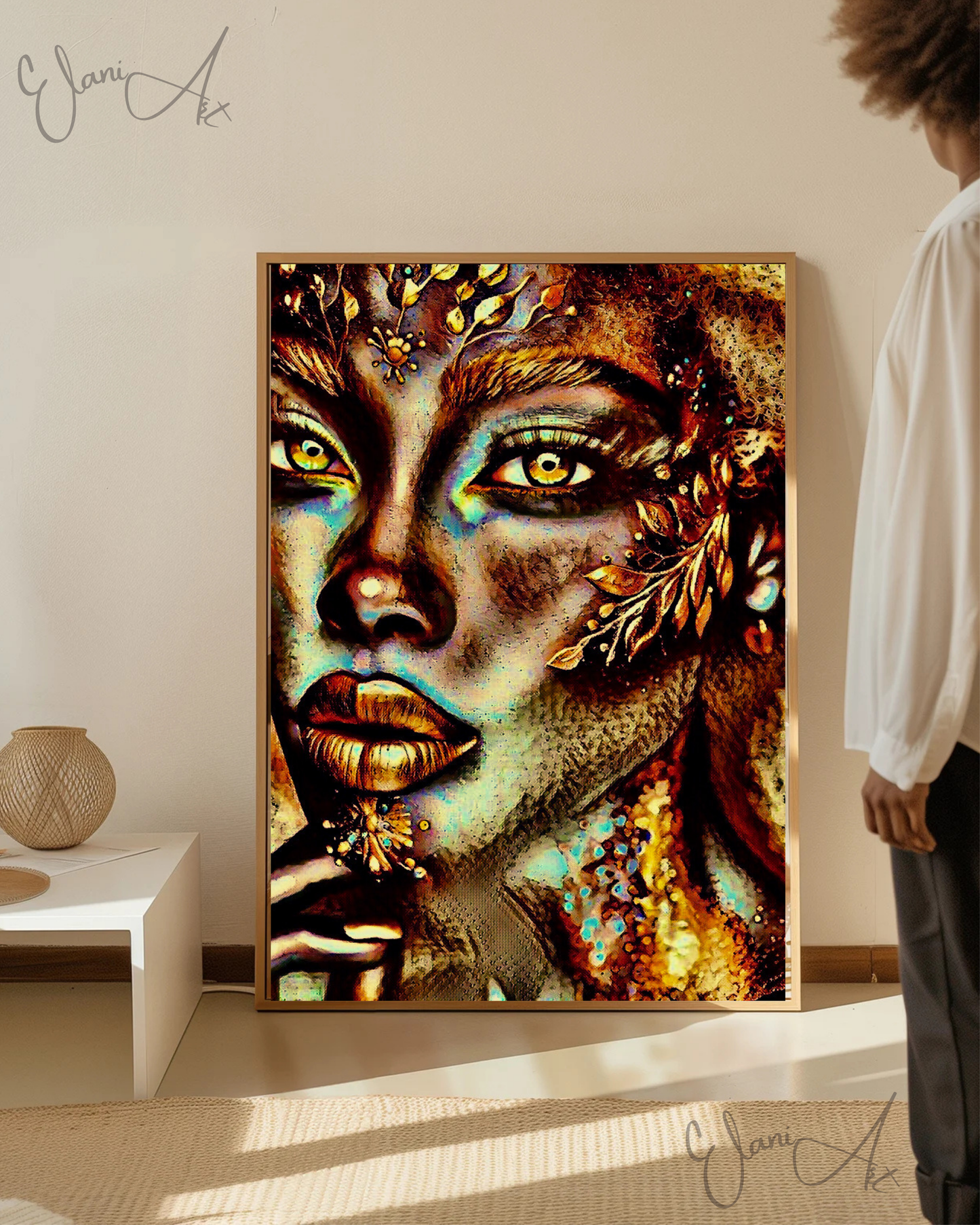 THE BRONZE BEAUTY - An Original Vibrant Gold Bronze African American Woman Foliage Face Portrait Impressionistic Artwork Print by ElaniArt