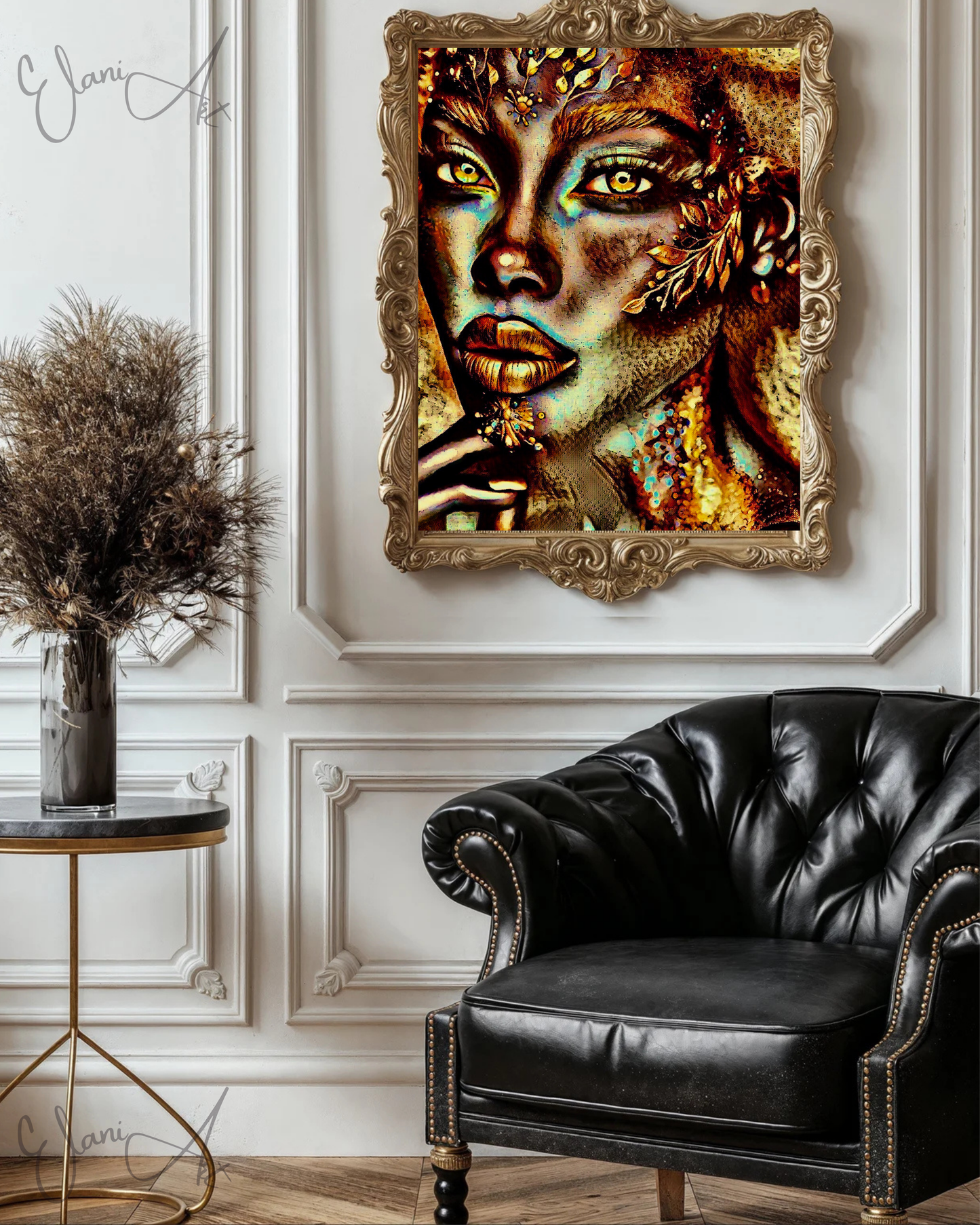 THE BRONZE BEAUTY - An Original Vibrant Gold Bronze African American Woman Foliage Face Portrait Impressionistic Artwork Print by ElaniArt
