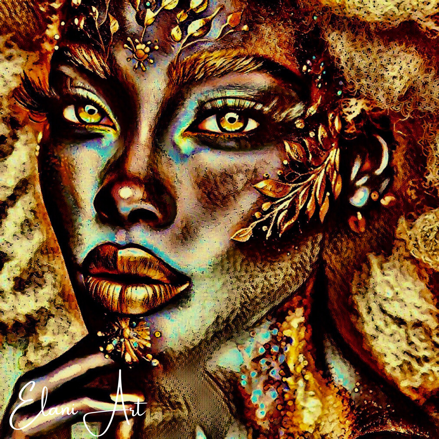 THE BRONZE BEAUTY - An Original Vibrant Gold Bronze African American Woman Foliage Face Portrait Impressionistic Artwork Print by ElaniArt