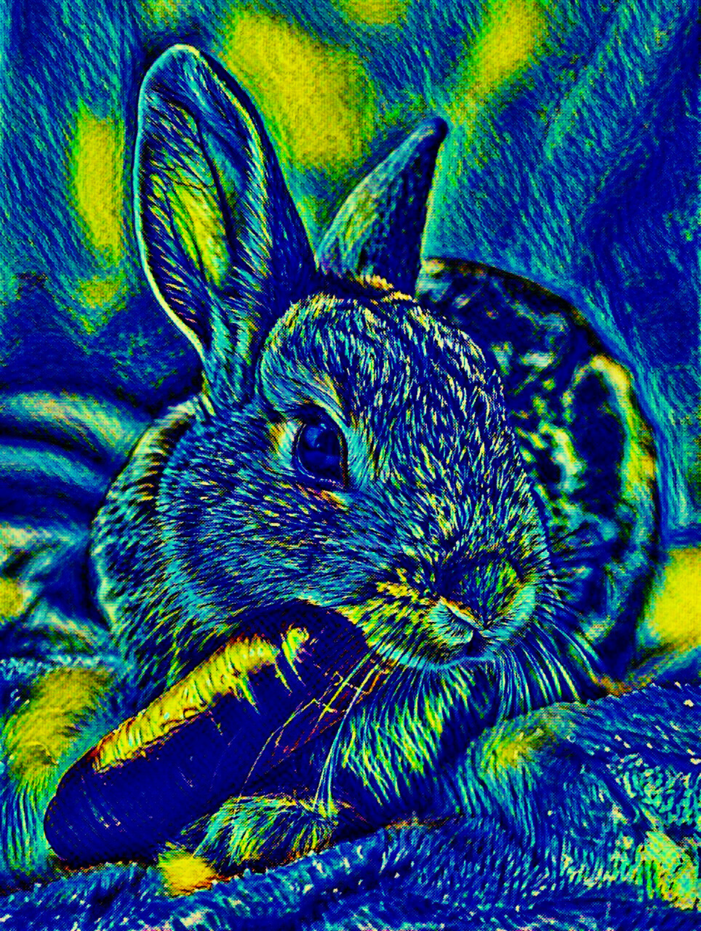 THE BUNNY AND THE CARROT - An Original Vibrant Blue Green Bunny Rabbit with a Carrot in Mouth Impressionistic Wall Artwork Print by ElaniArt
