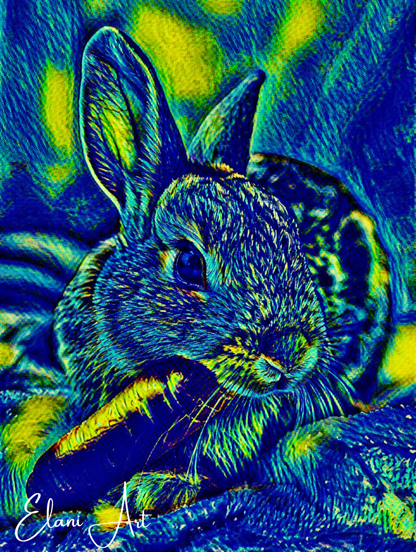 THE BUNNY AND THE CARROT - An Original Vibrant Blue Green Bunny Rabbit with a Carrot in Mouth Impressionistic Wall Artwork Print by ElaniArt
