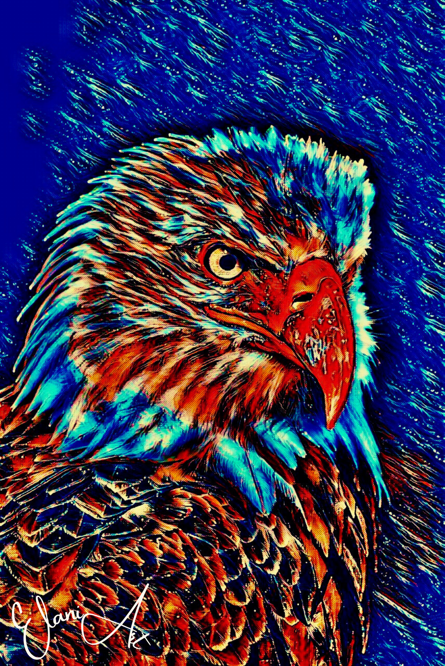 THE EAGLE - An Original Vibrant Blue Bald Eagle Majestic Bird Symbol Power Freedom Wildlife Impressionistic Wall Artwork Print by ElaniArt