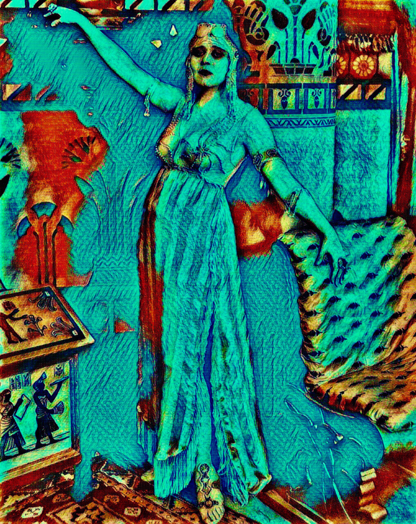 THE ELITE - An Original Vibrant Blue Colorful Ancient Egyptian Noblewoman Dress Gown Portrait Impressionistic Wall Artwork Print by ElaniArt