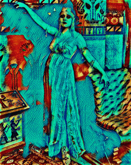 THE ELITE - An Original Vibrant Blue Colorful Ancient Egyptian Noblewoman Dress Gown Portrait Impressionistic Wall Artwork Print by ElaniArt
