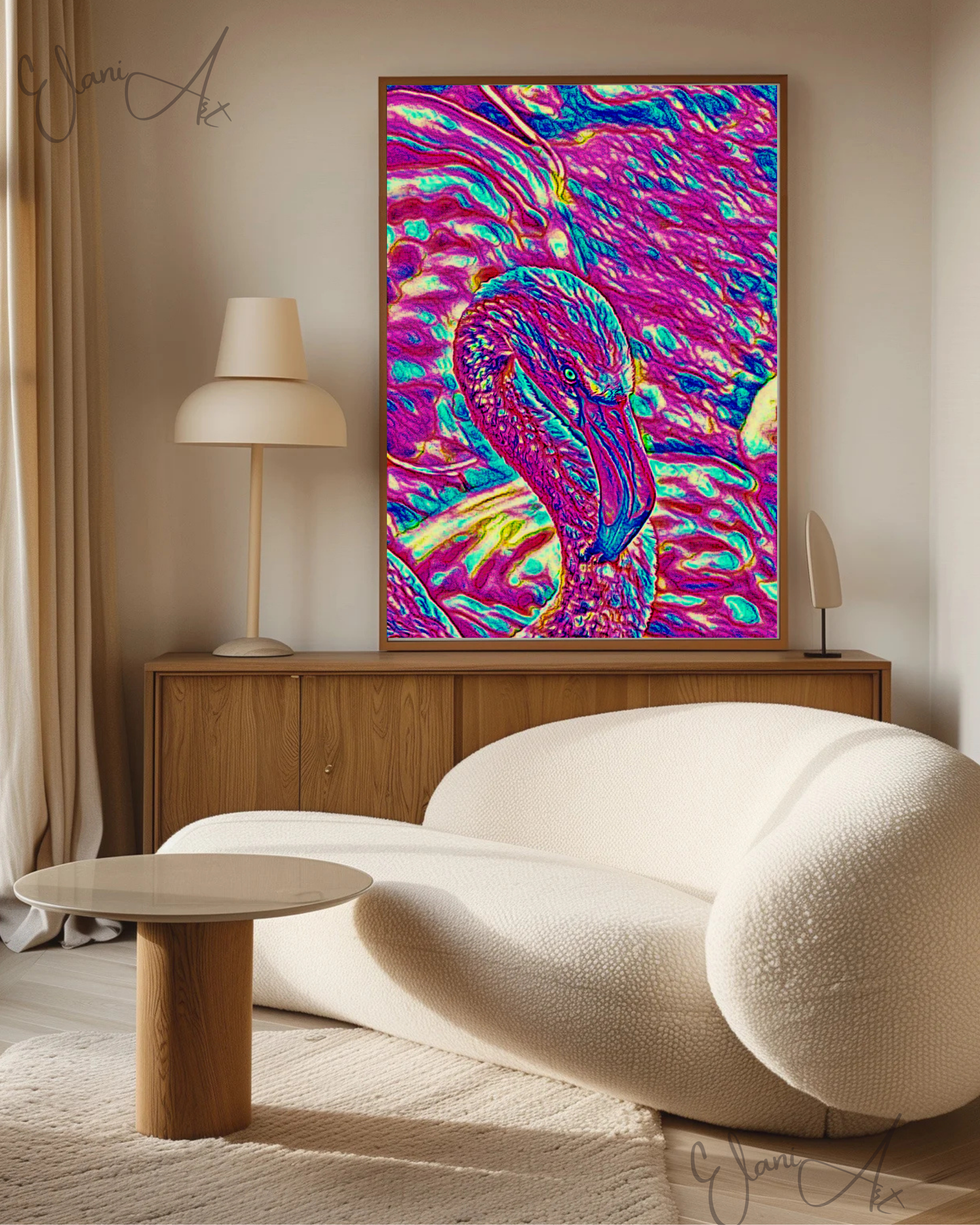 THE FLAMINGO - An Original Vibrant Pink Magenta Colorful Flamingo Bird Head Neck Close-Up Portrait Impressionistic Artwork Print by ElaniArt