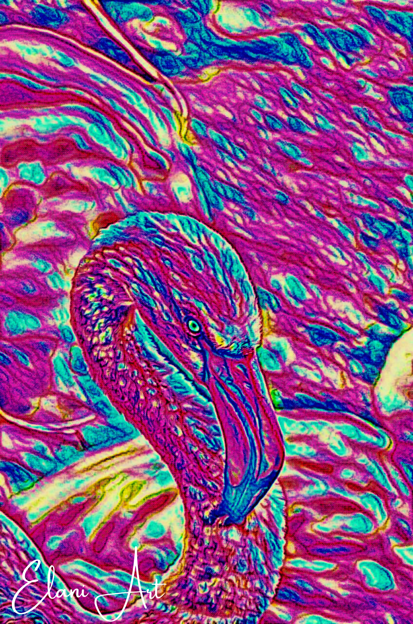 THE FLAMINGO - An Original Vibrant Pink Magenta Colorful Flamingo Bird Head Neck Close-Up Portrait Impressionistic Artwork Print by ElaniArt