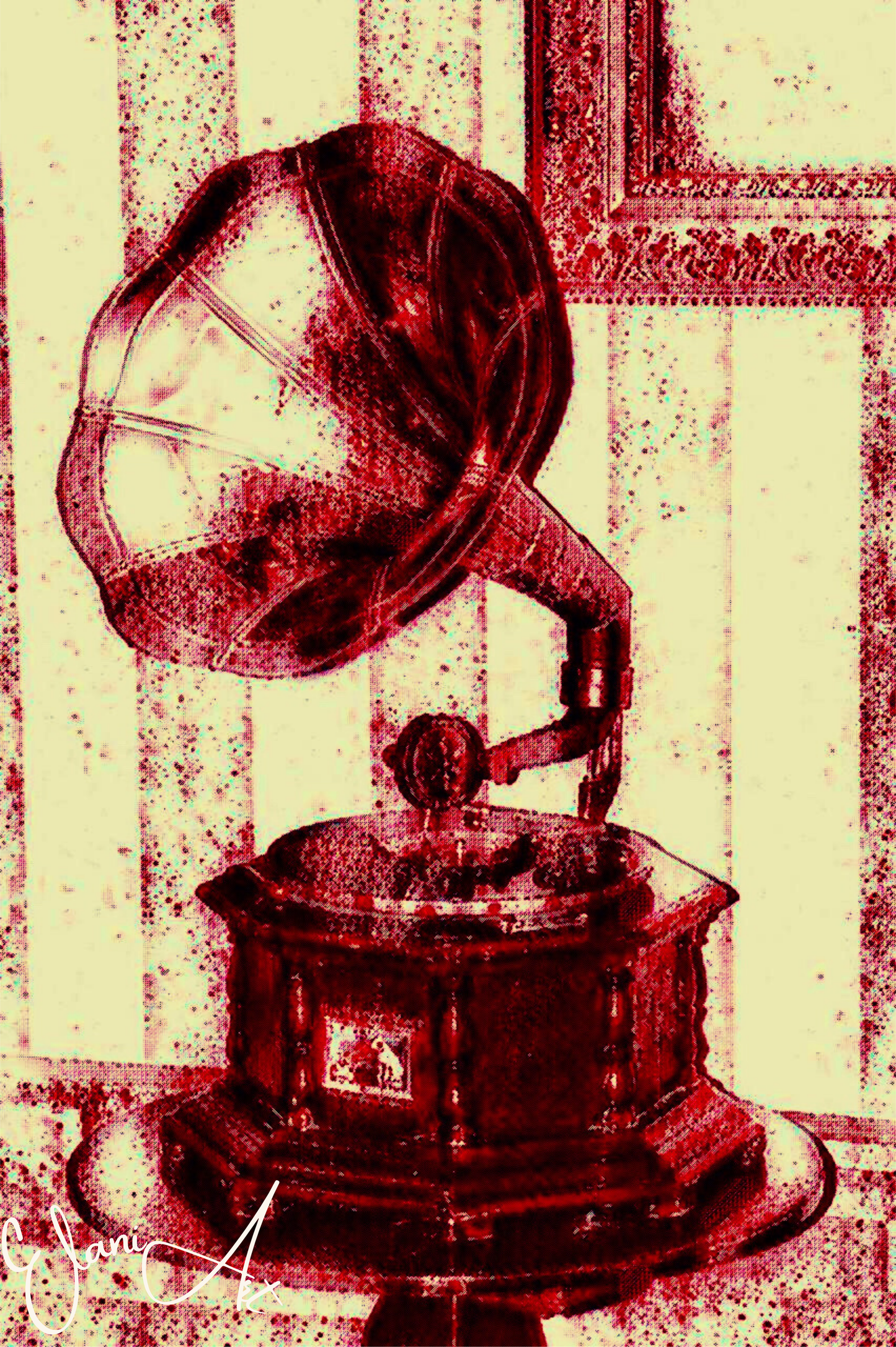 THE GRAMOPHONE - An Original Vivid Red Ivory Phonograph 1940s Record Player Turntable Music Impressionistic Wall Artwork Print by ElaniArt