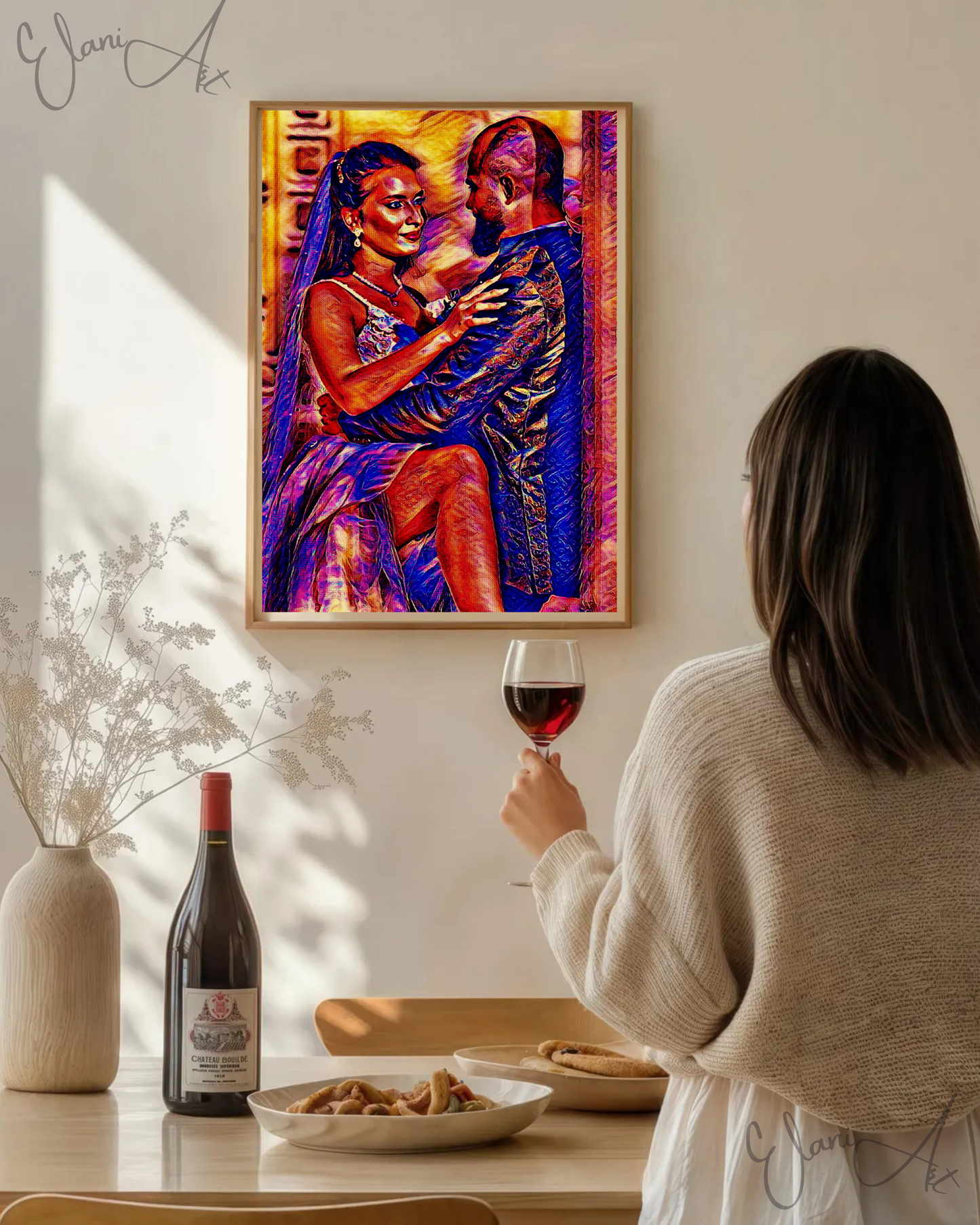 THE LIFE - An Original Vibrant Red Colorful Newly Married Couple Man Woman Bride in Wedding Dress Veil Leg Up Wall Artwork Print by ElaniArt