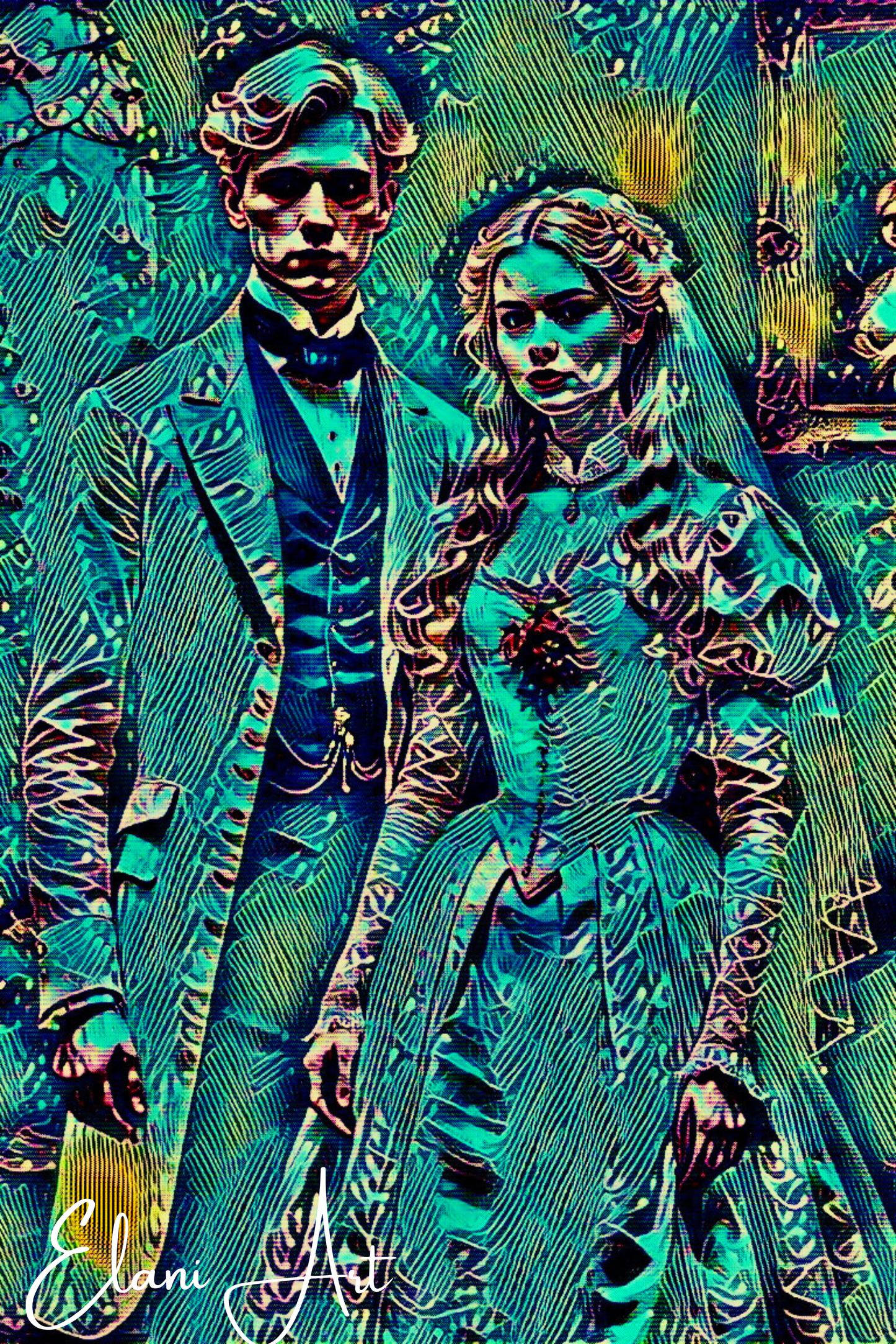 THE NEWLYWEDS - An Original Vibrant Man Woman Victorian Couple Newly Married Wedding Dress Veil Impressionistic Artwork Print by ElaniArt