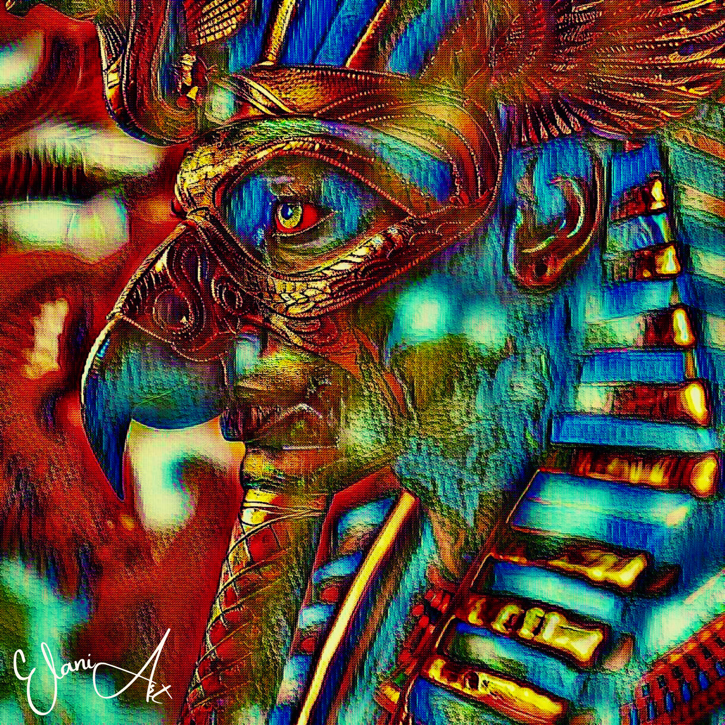 THE PHARAOH - An Original Vibrant Blue Gold Colorful Egyptian Pharaoh Divine Ruler Portraiture Impressionistic Artwork Print by ElaniArt