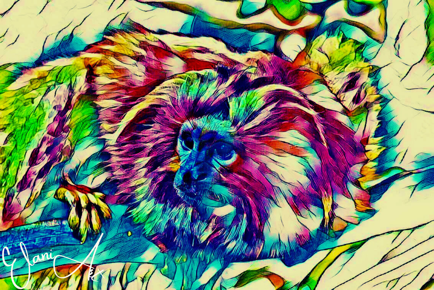 THE PRIMATE - An Original Vibrant Blue Pink Colorful Monkey on a Branch Animal WildLife Portrait Impressionistic Artwork Print by ElaniArt