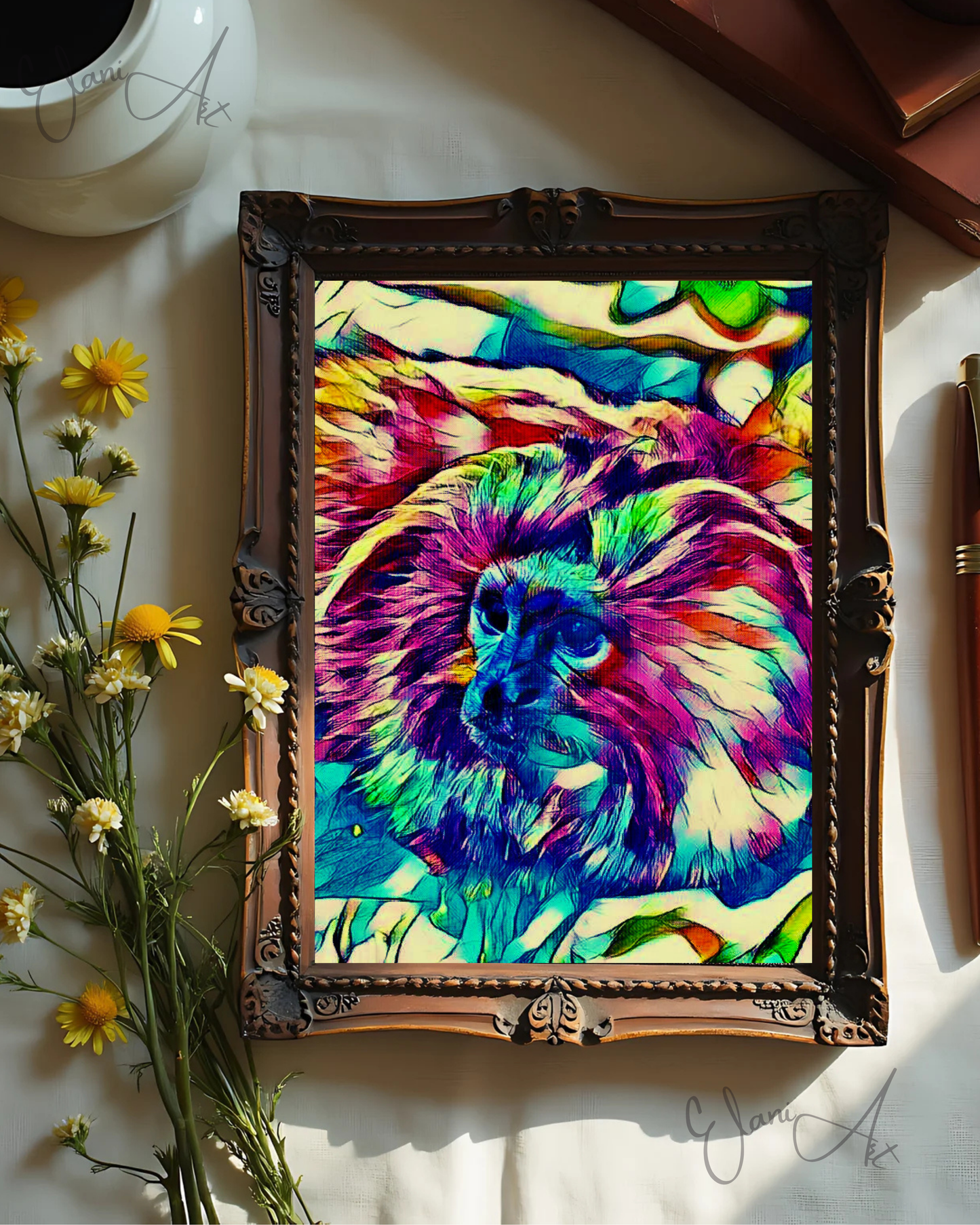 THE PRIMATE - An Original Vibrant Blue Pink Colorful Monkey on a Branch Animal WildLife Portrait Impressionistic Artwork Print by ElaniArt