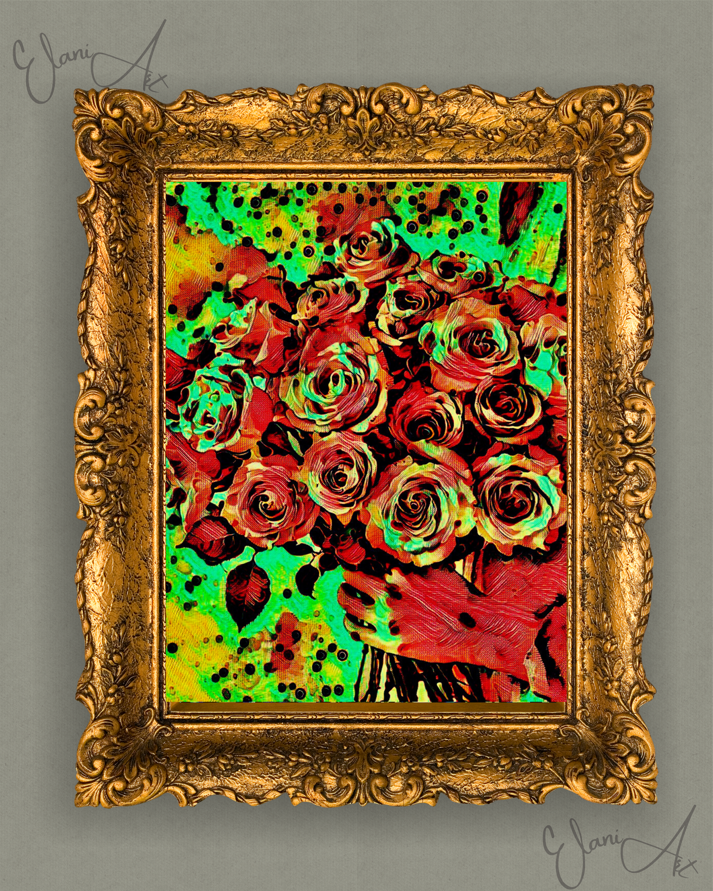 THE ROSES - An Original Vibrant Red Green Colorful Woman Holding Bouquet of Roses Flowers Floral Impressionistic Artwork Print by ElaniArt