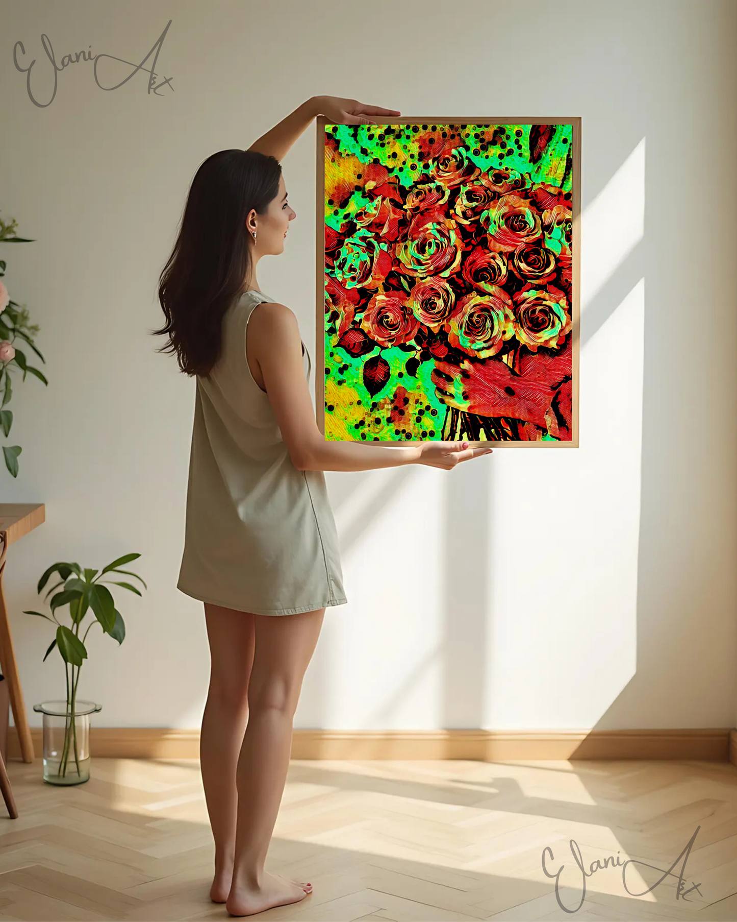 THE ROSES - An Original Vibrant Red Green Colorful Woman Holding Bouquet of Roses Flowers Floral Impressionistic Artwork Print by ElaniArt