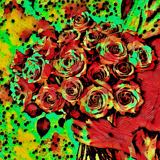 THE ROSES - An Original Vibrant Red Green Colorful Woman Holding Bouquet of Roses Flowers Floral Impressionistic Artwork Print by ElaniArt