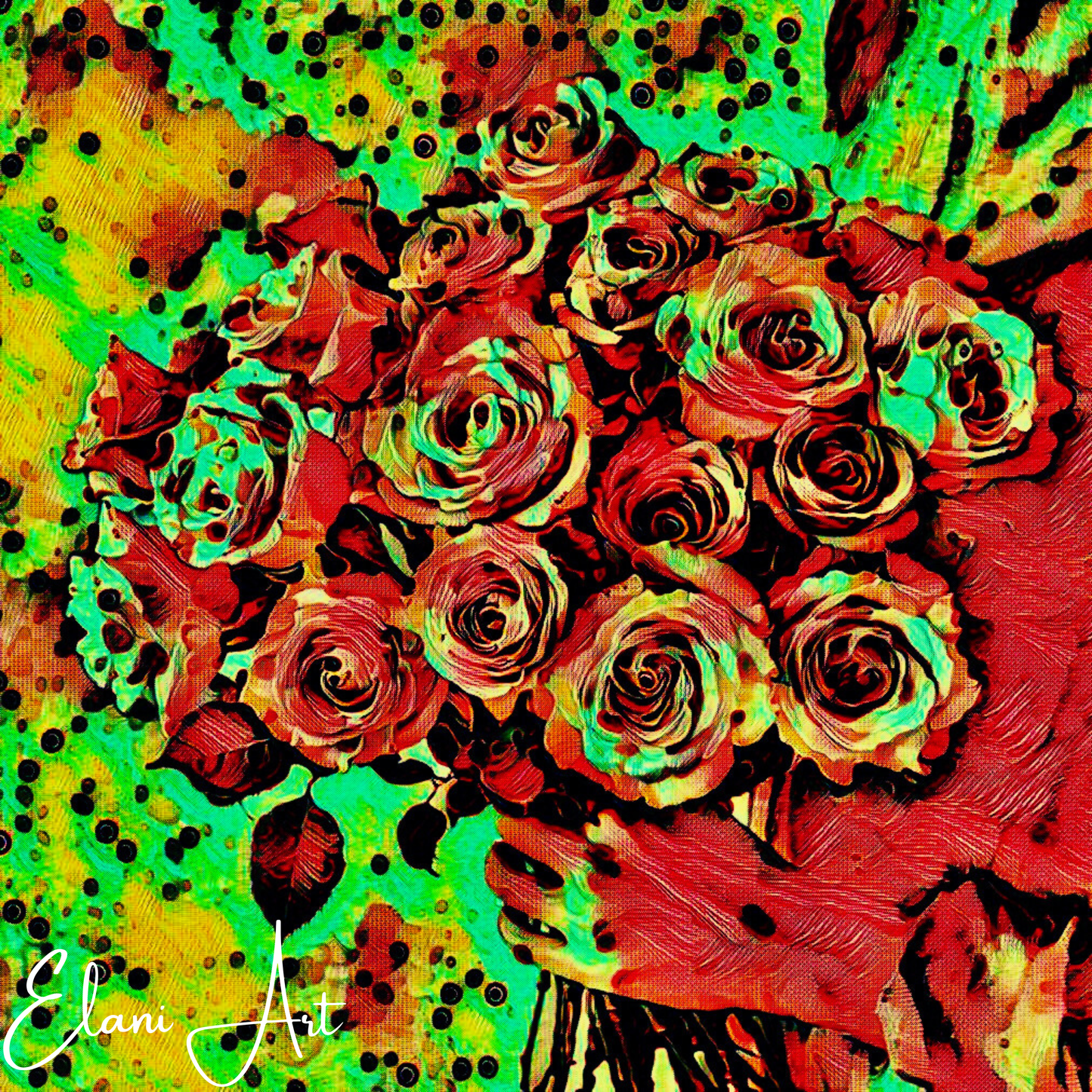 THE ROSES - An Original Vibrant Red Green Colorful Woman Holding Bouquet of Roses Flowers Floral Impressionistic Artwork Print by ElaniArt