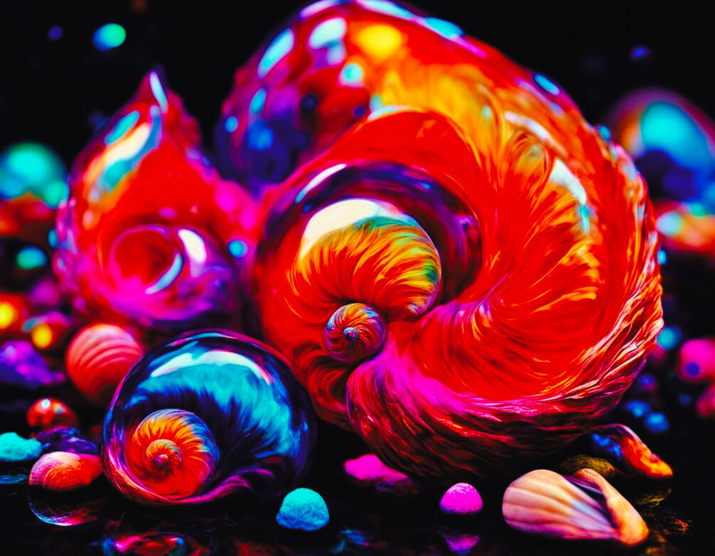 THE SHELLS - An Original Vibrant Orange Purple Colorful Seashell Swirl Ocean Beach Shells Impressionistic Wall Artwork Print by ElaniArt