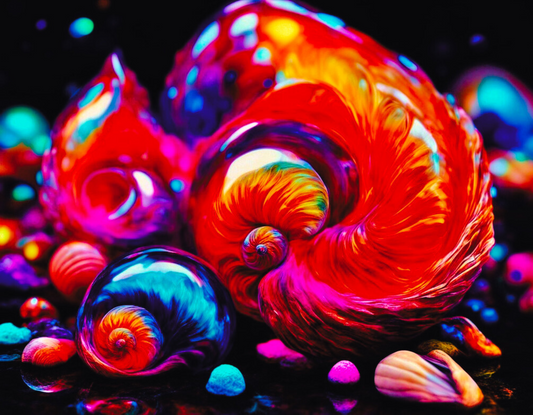 THE SHELLS - An Original Vibrant Orange Purple Colorful Seashell Swirl Ocean Beach Shells Impressionistic Wall Artwork Print by ElaniArt