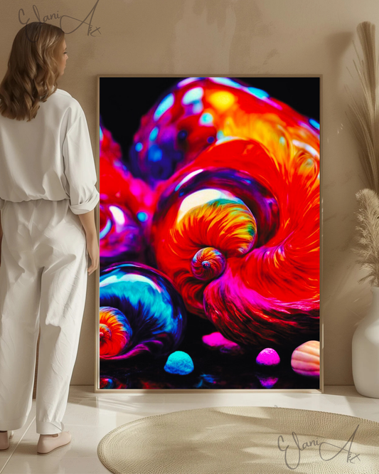 THE SHELLS - An Original Vibrant Orange Purple Colorful Seashell Swirl Ocean Beach Shells Impressionistic Wall Artwork Print by ElaniArt