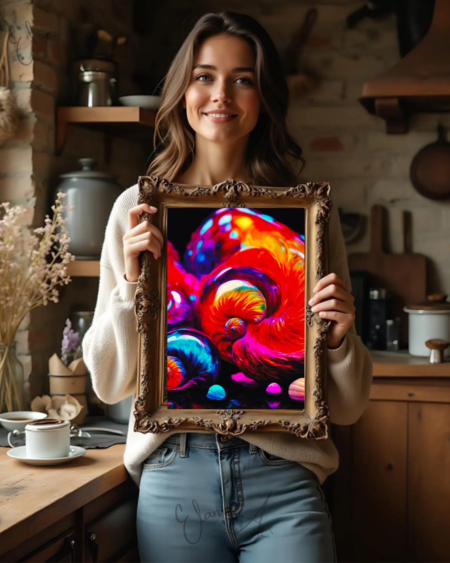 THE SHELLS - An Original Vibrant Orange Purple Colorful Seashell Swirl Ocean Beach Shells Impressionistic Wall Artwork Print by ElaniArt