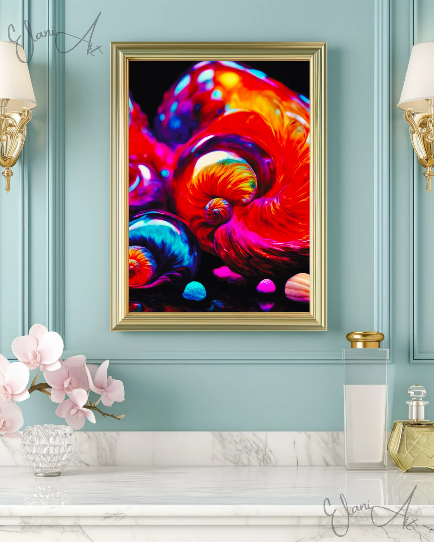 THE SHELLS - An Original Vibrant Orange Purple Colorful Seashell Swirl Ocean Beach Shells Impressionistic Wall Artwork Print by ElaniArt