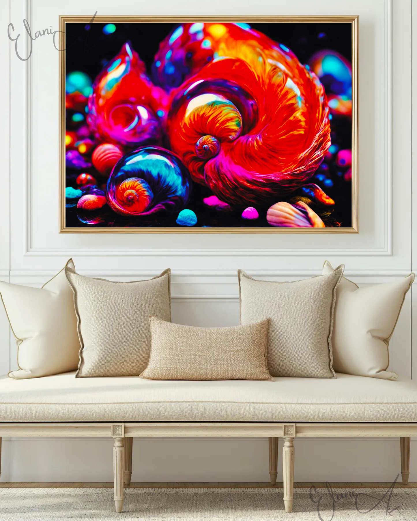 THE SHELLS - An Original Vibrant Orange Purple Colorful Seashell Swirl Ocean Beach Shells Impressionistic Wall Artwork Print by ElaniArt