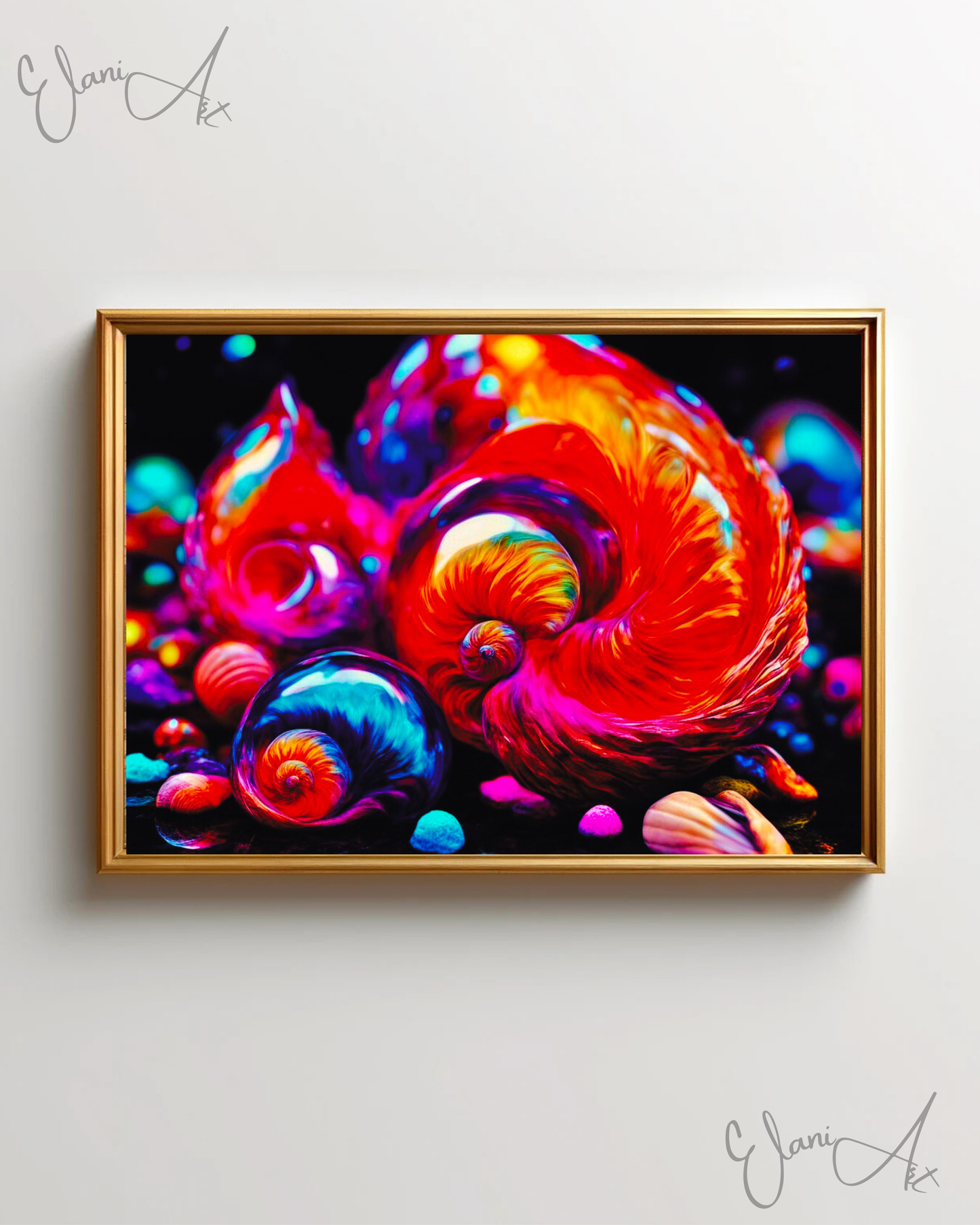 THE SHELLS - An Original Vibrant Orange Purple Colorful Seashell Swirl Ocean Beach Shells Impressionistic Wall Artwork Print by ElaniArt