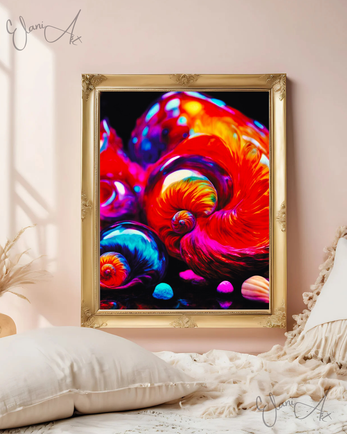 THE SHELLS - An Original Vibrant Orange Purple Colorful Seashell Swirl Ocean Beach Shells Impressionistic Wall Artwork Print by ElaniArt