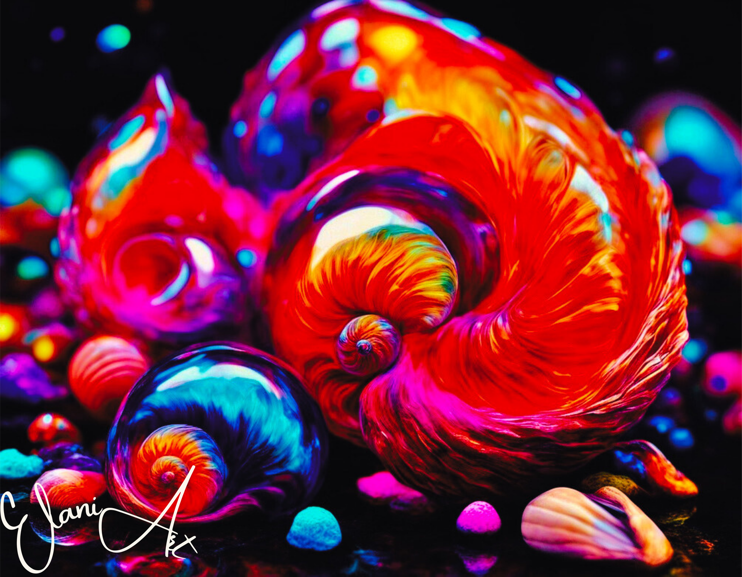 THE SHELLS - An Original Vibrant Orange Purple Colorful Seashell Swirl Ocean Beach Shells Impressionistic Wall Artwork Print by ElaniArt