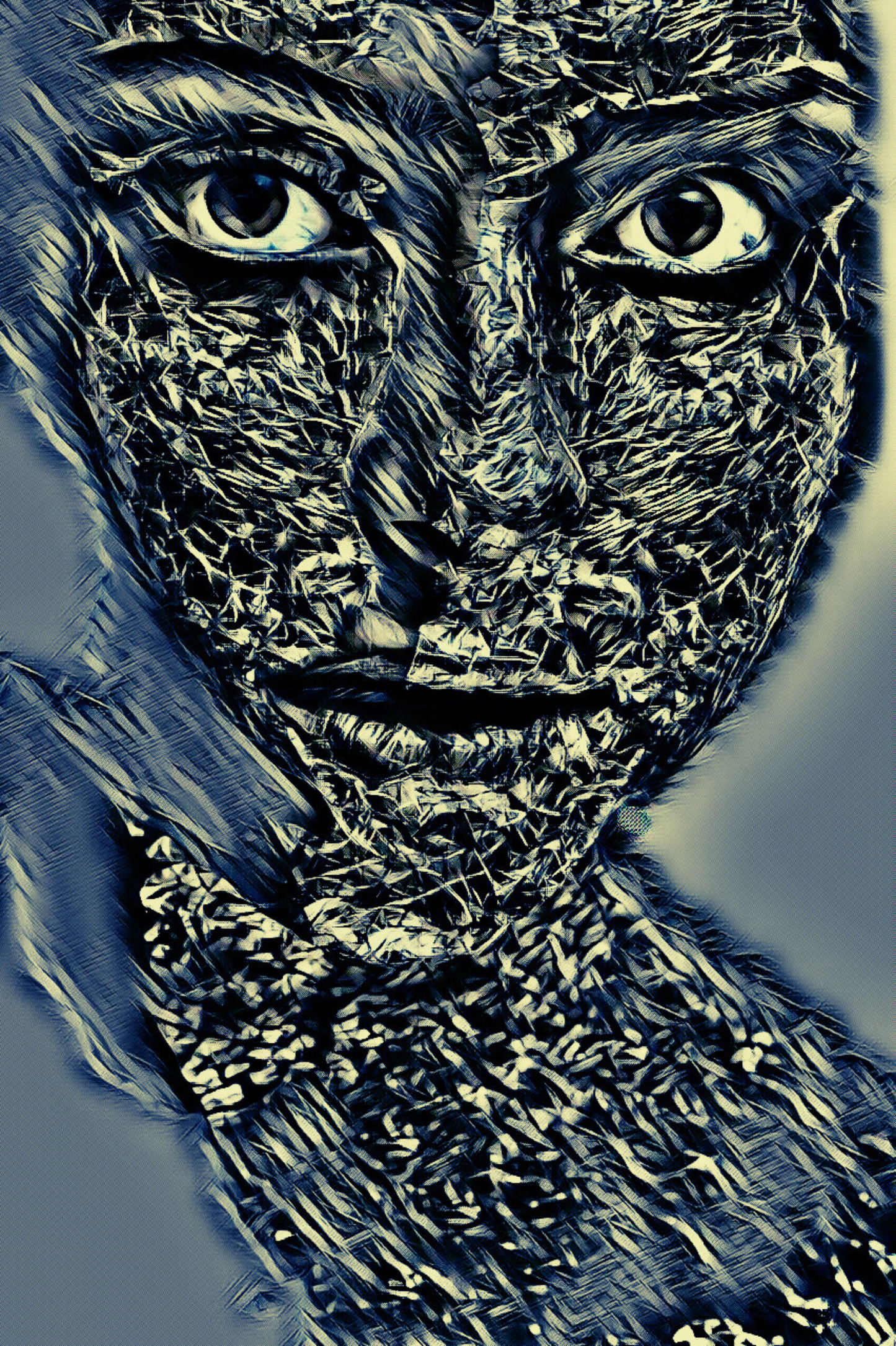 THE SILVER MIRAGE - An Original Vivid Silver Woman Face Crinkled Foil Portraiture Gray Eyes Impressionistic Wall Artwork Print by ElaniArt