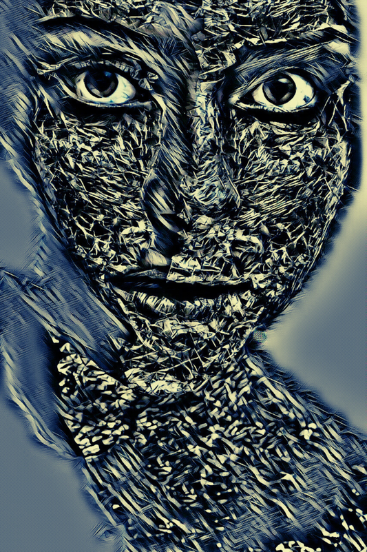 THE SILVER MIRAGE - An Original Vivid Silver Woman Face Crinkled Foil Portraiture Gray Eyes Impressionistic Wall Artwork Print by ElaniArt