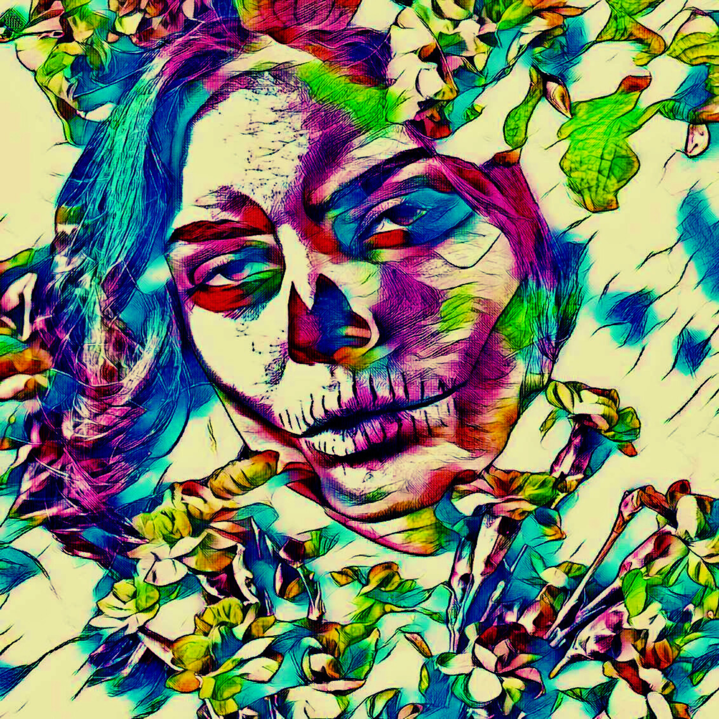 THE SLEEPLESS NIGHT - An Original Vibrant Pink Day of the Dead Woman Floral Stitched Mouth Impressionistic Wall Artwork Print by ElaniArt