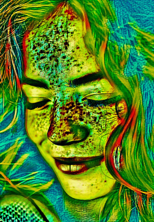 THE SMILE - An Original Vibrant Green Blue Red-Haired Woman Smiling Eyes Closed Freckles Impressionistic Wall Artwork Print by ElaniArt