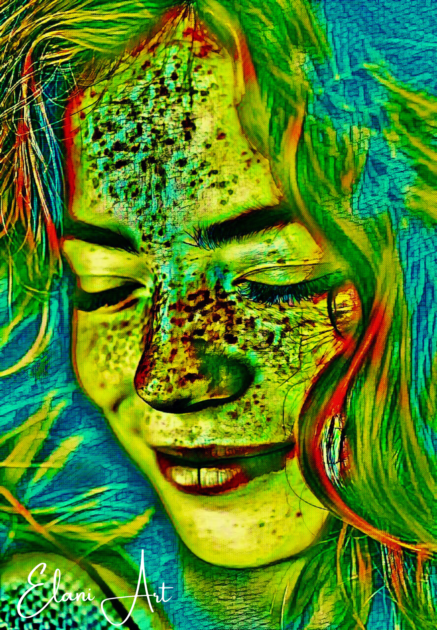 THE SMILE - An Original Vibrant Green Blue Red-Haired Woman Smiling Eyes Closed Freckles Impressionistic Wall Artwork Print by ElaniArt