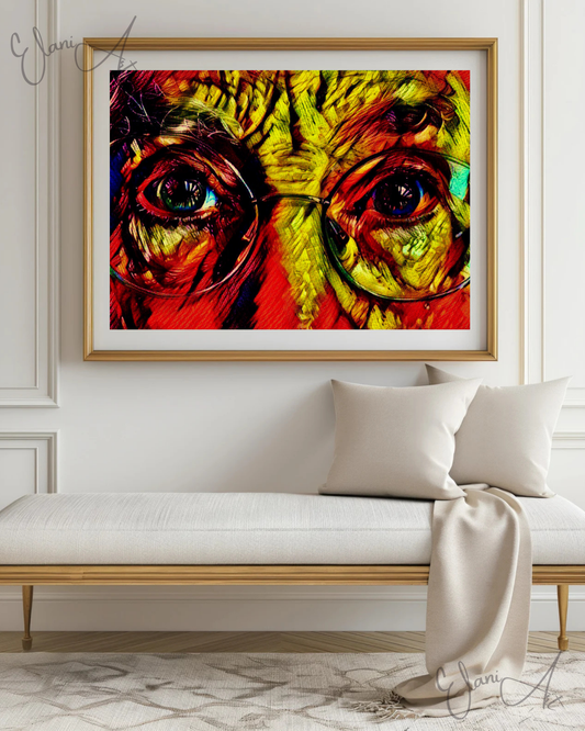 THROUGH MY EYES - An Original Vibrant Colorful Old Man Eyes with Glasses Close-Up Portrait Impressionistic Wall Artwork Print by ElaniArt