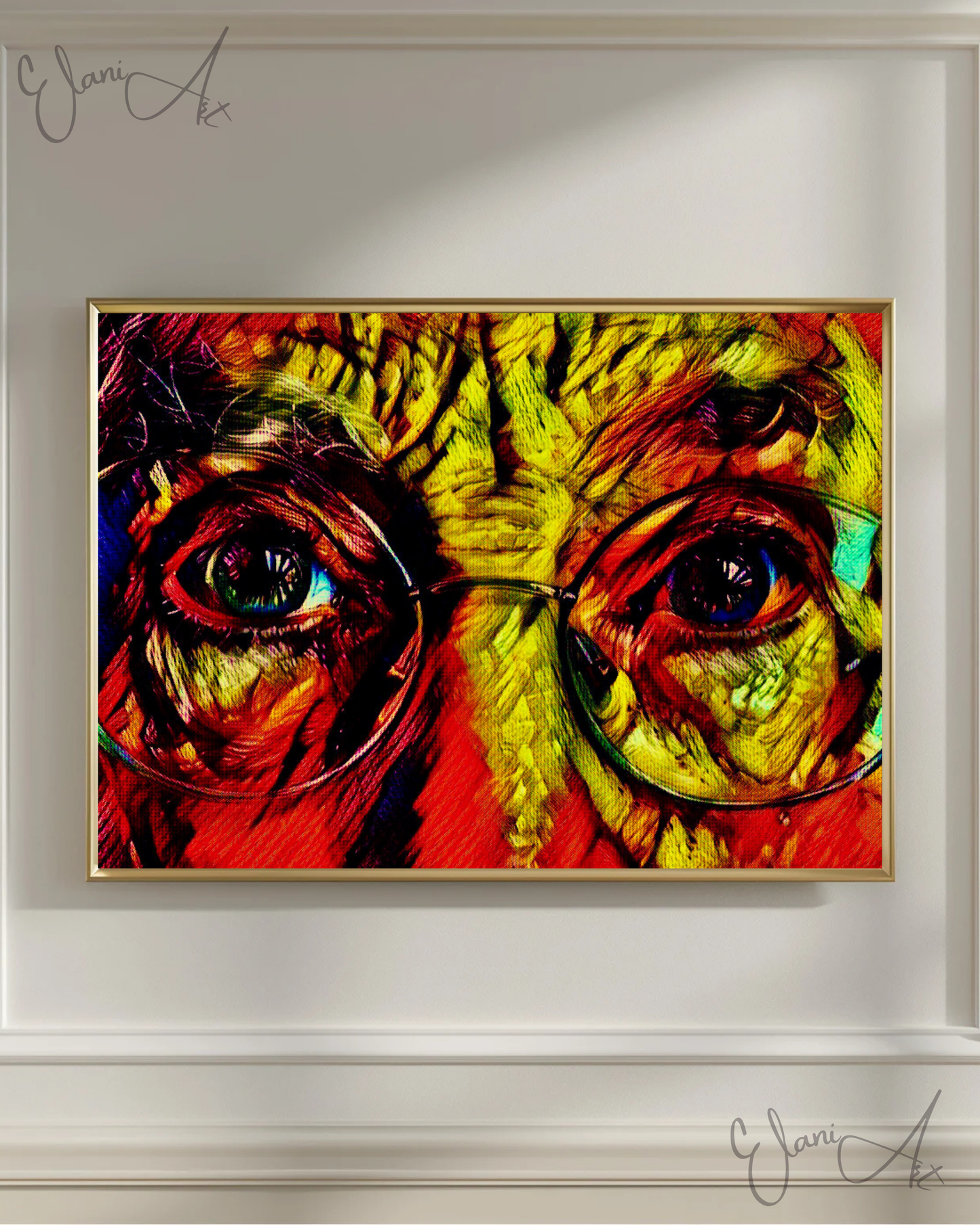THROUGH MY EYES - An Original Vibrant Colorful Old Man Eyes with Glasses Close-Up Portrait Impressionistic Wall Artwork Print by ElaniArt