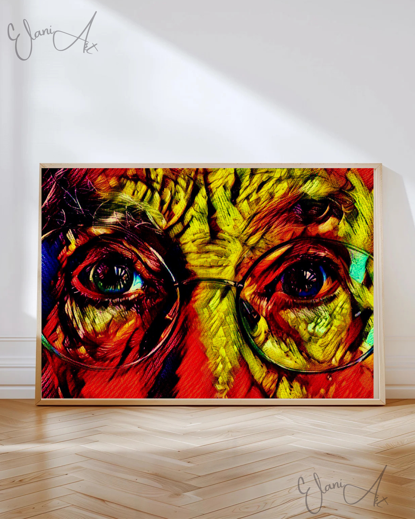 THROUGH MY EYES - An Original Vibrant Colorful Old Man Eyes with Glasses Close-Up Portrait Impressionistic Wall Artwork Print by ElaniArt