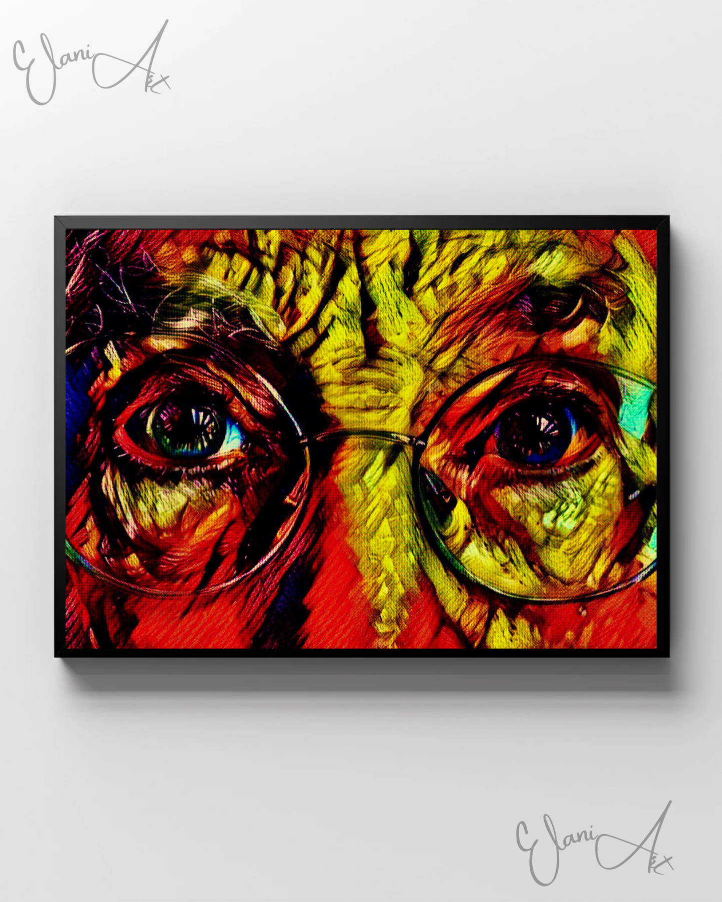 THROUGH MY EYES - An Original Vibrant Colorful Old Man Eyes with Glasses Close-Up Portrait Impressionistic Wall Artwork Print by ElaniArt