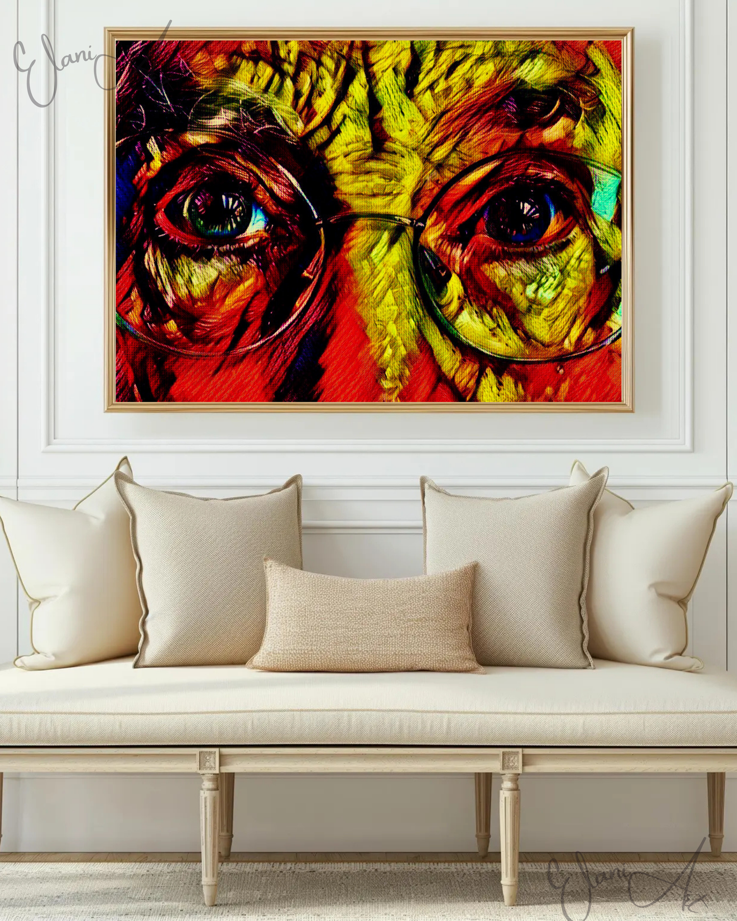 THROUGH MY EYES - An Original Vibrant Colorful Old Man Eyes with Glasses Close-Up Portrait Impressionistic Wall Artwork Print by ElaniArt