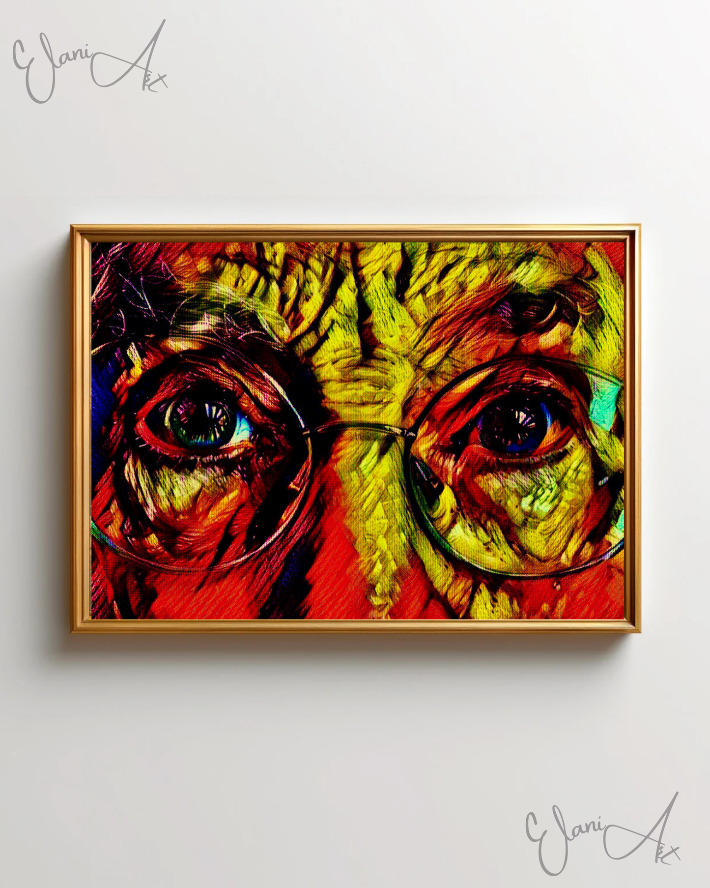 THROUGH MY EYES - An Original Vibrant Colorful Old Man Eyes with Glasses Close-Up Portrait Impressionistic Wall Artwork Print by ElaniArt