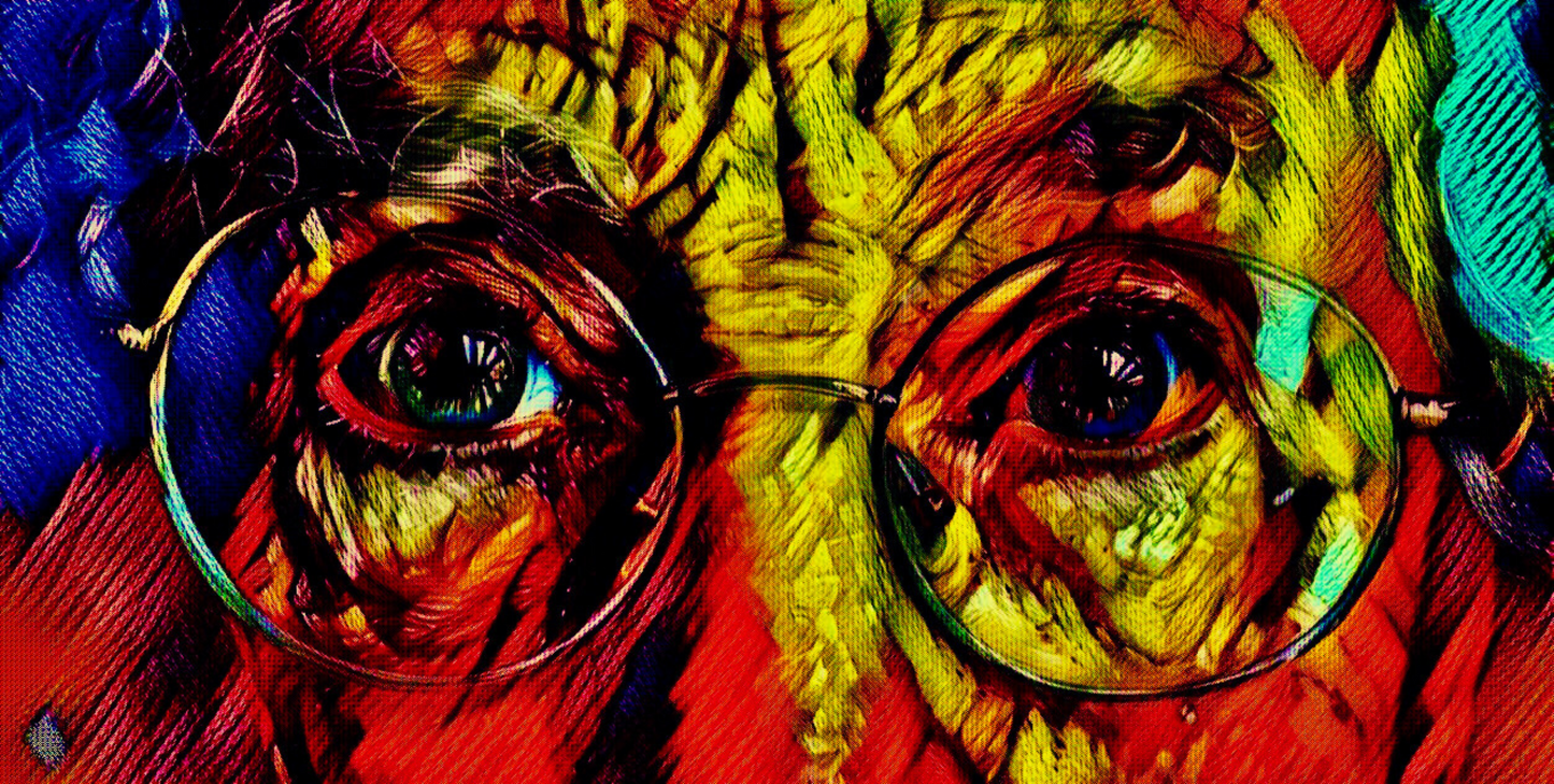 THROUGH MY EYES - An Original Vibrant Colorful Old Man Eyes with Glasses Close-Up Portrait Impressionistic Wall Artwork Print by ElaniArt