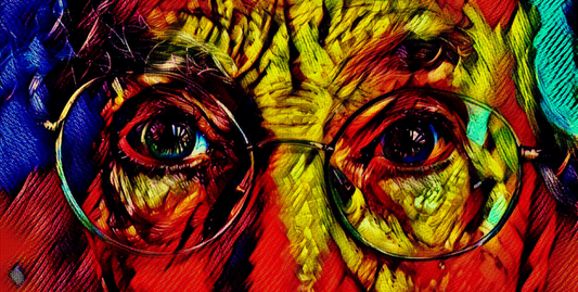 THROUGH MY EYES - An Original Vibrant Colorful Old Man Eyes with Glasses Close-Up Portrait Impressionistic Wall Artwork Print by ElaniArt