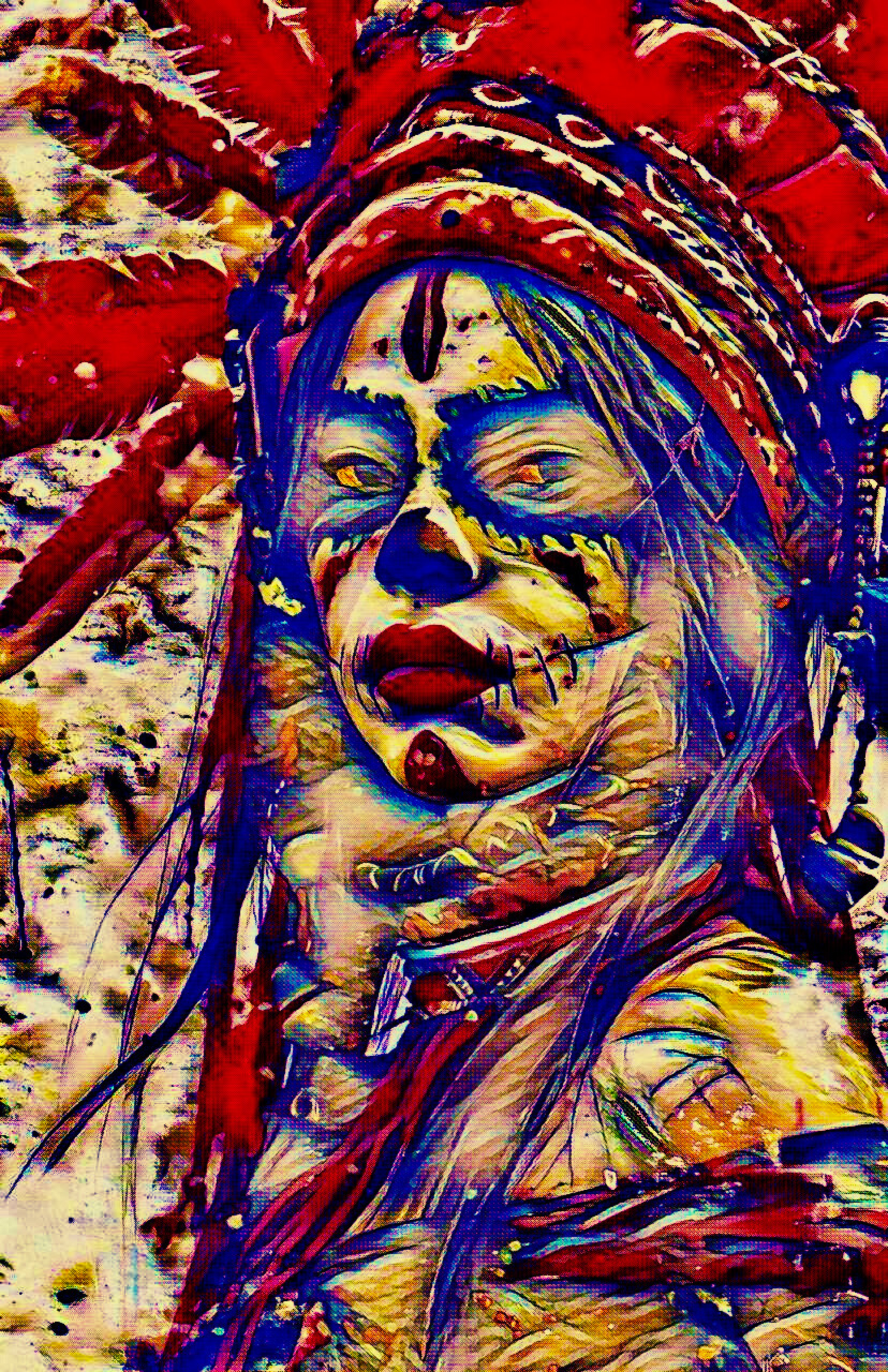 TRIBAL - An Original Vibrant Red Tribal Spiritual Indigenous Woman in Feathered Headdress Red Lips Impressionistic Artwork Print by ElaniArt
