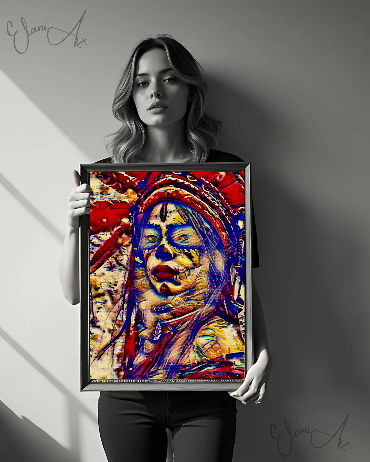 TRIBAL - An Original Vibrant Red Tribal Spiritual Indigenous Woman in Feathered Headdress Red Lips Impressionistic Artwork Print by ElaniArt