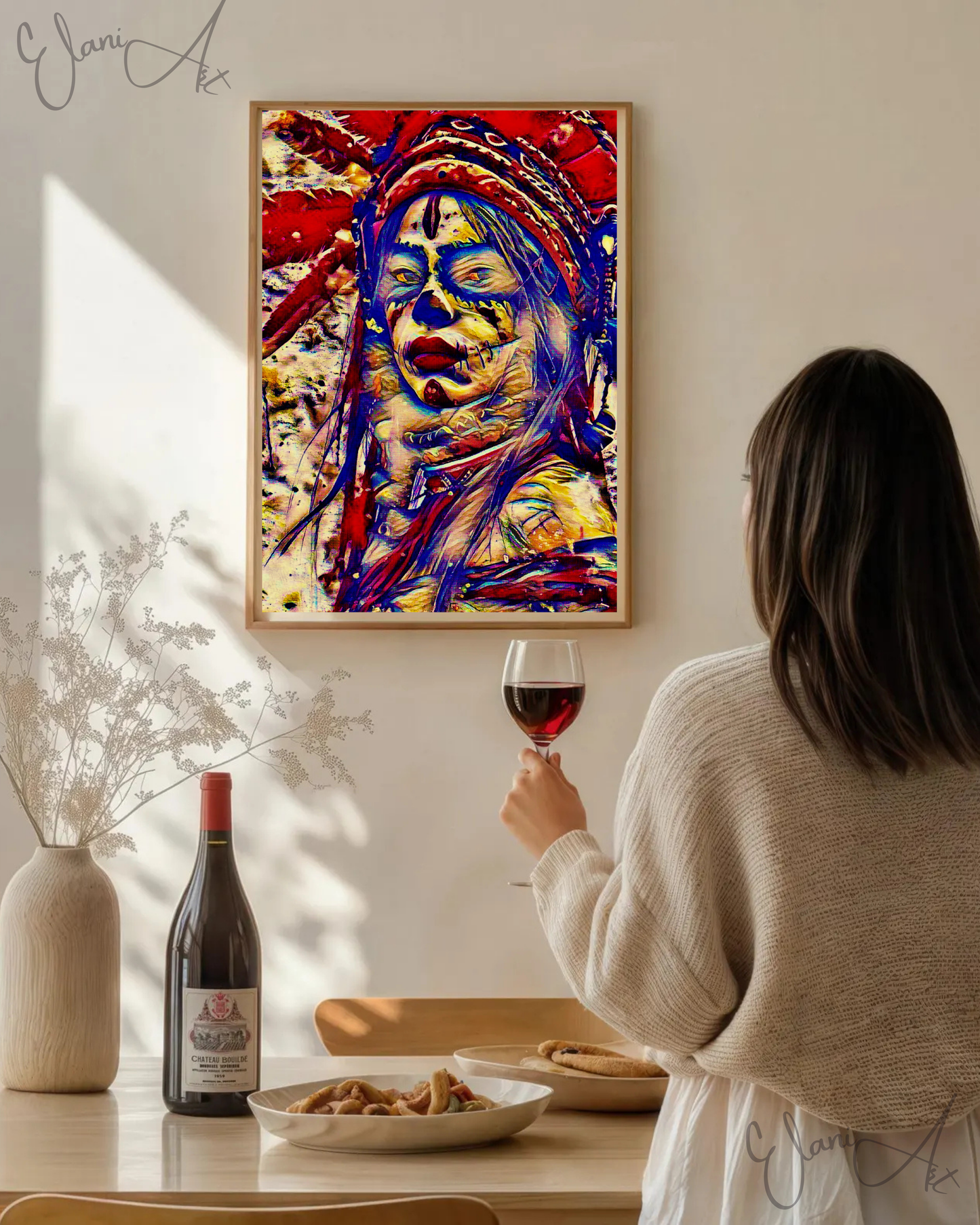 TRIBAL - An Original Vibrant Red Tribal Spiritual Indigenous Woman in Feathered Headdress Red Lips Impressionistic Artwork Print by ElaniArt
