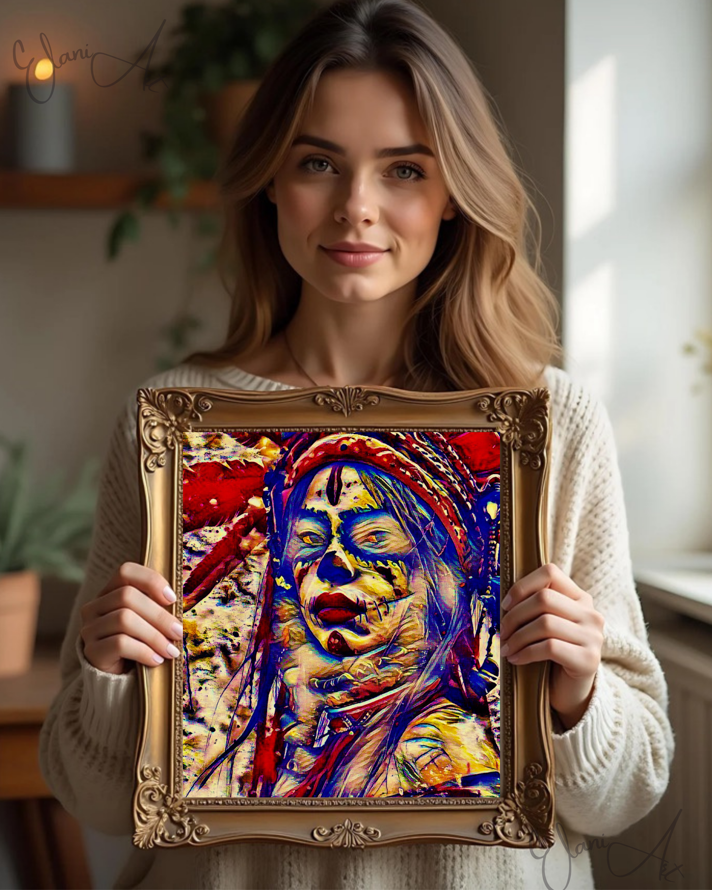 TRIBAL - An Original Vibrant Red Tribal Spiritual Indigenous Woman in Feathered Headdress Red Lips Impressionistic Artwork Print by ElaniArt