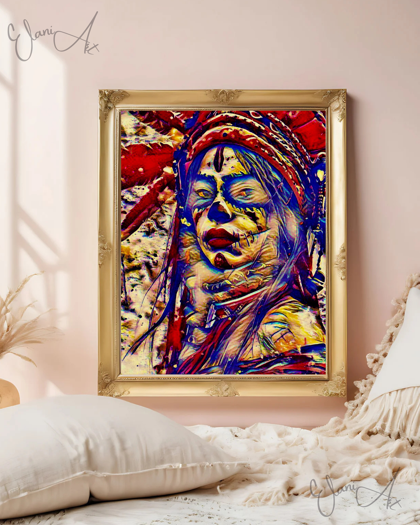 TRIBAL - An Original Vibrant Red Tribal Spiritual Indigenous Woman in Feathered Headdress Red Lips Impressionistic Artwork Print by ElaniArt