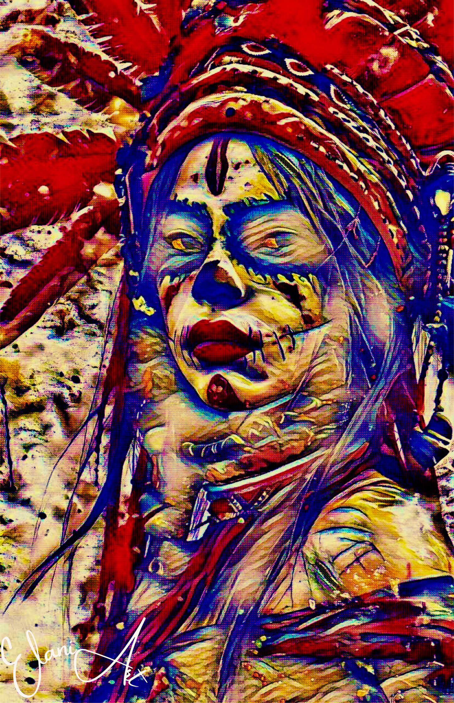 TRIBAL - An Original Vibrant Red Tribal Spiritual Indigenous Woman in Feathered Headdress Red Lips Impressionistic Artwork Print by ElaniArt