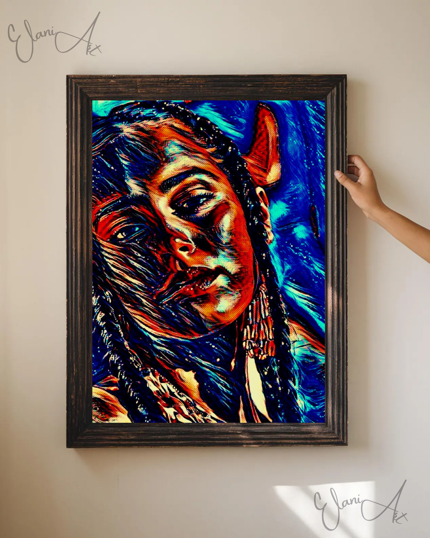 WHISPER - An Original Vibrant Blue Brown Colorful Woman's Face Portrait Brown Eyes Braids Impressionistic Wall Artwork Print by ElaniArt